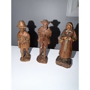 Lot‎ Of 3 Vintage Hand Carved Wooden Figurines Knitting Woman Painting Traveling